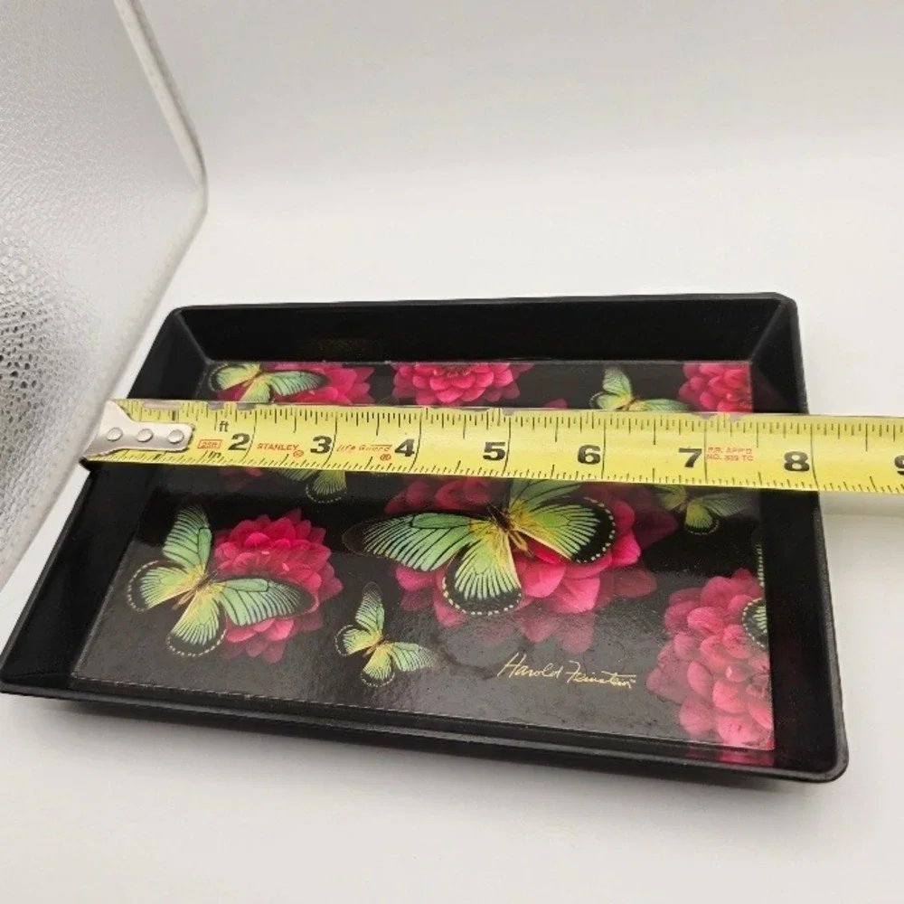VTG Harold Feinstein Butterfly Floral‎ Tray Trinket Dish Black Pink 8